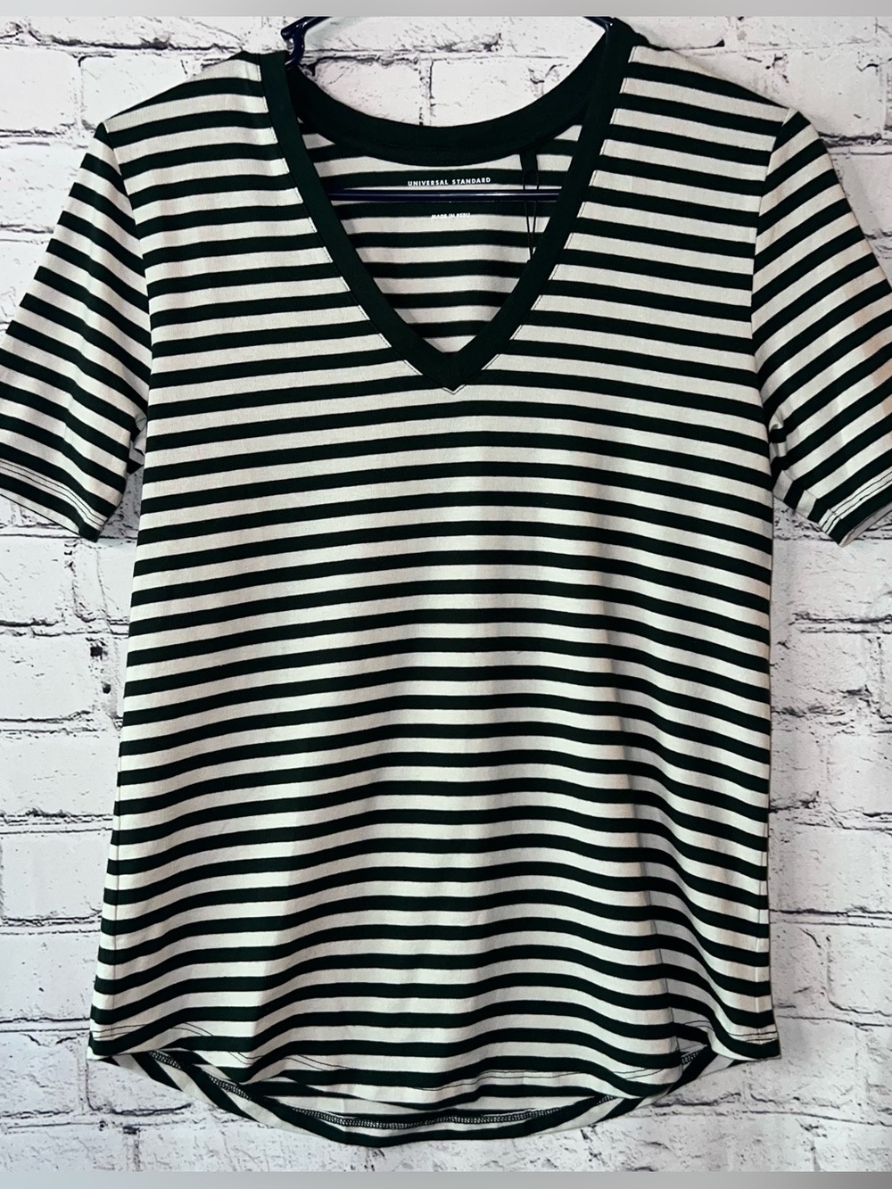 Universal Standard NWT V-Rex Short Sleeve Tee Striped Dark Green Beige